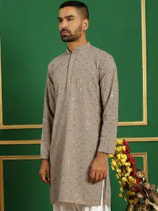 Jompers Floral Embroidered Mandarin Collar Straight Kurta