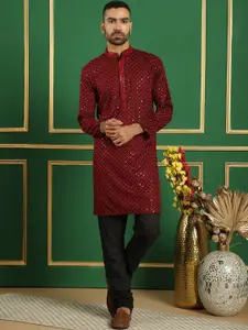 Jompers Floral Embroidered Mandarin Collar Straight Kurta