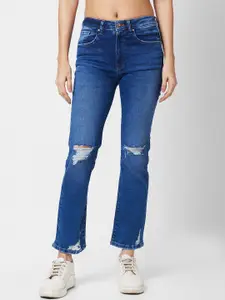 SPYKAR Women Straight Fit Slash Knee Light Fade Stretchable Jeans