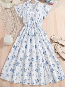 BAESD Girls Floral Printed V-Neck Flutter Sleeves Gathered Detailed Fit & Flare Dress