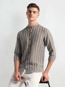 Arrow Sport Striped Mandarin Collar Curved Linen Slim Fit Casual Shirt