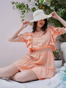 Athena Orange Self Design Round Neck Puff Sleeve Ruffled Seersucker Fit & Flare Dress