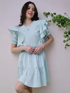 Athena Green Self Design Round Neck Puff Sleeve Ruffled Seersucker Fit & Flare Dress