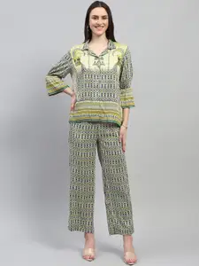 Monte Carlo Ethnic Motifs Printed Shirt Collar Bell Sleeve Top & Trousers