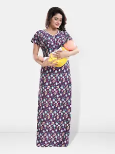 Be You Printed Satin V-Neck Maternity Maxi Nightdress