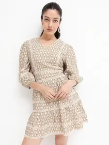 RAREISM Beige Ethnic Motifs Print Puff Sleeve Cotton Tiered Fit & Flare Mini Dress