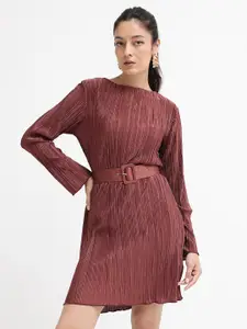 RAREISM Brown Self Design Long Sleeves A-Line Dress