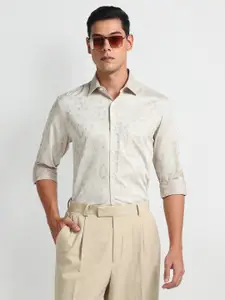 Arrow Floral Printed Spread Collar Long Sleeves Cotton Formal Shirt