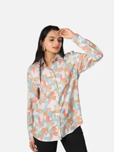 NEOFAA Custom Fit Abstract Printed Spread Collar Semi Sheer Casual Shirt