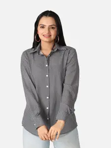 NEOFAA Custom Fit Geometric Printed Spread Collar Semi Sheer Casual Shirt