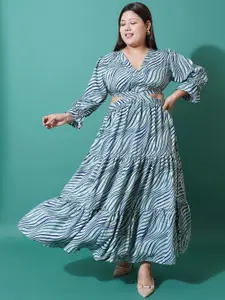 U&F Beyond Plus Size Abstract Printed Bell Sleeves Cut-Outs Fit and Flare Maxi Dress