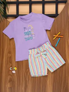 Purple United Kids Girls Printed Pure Cotton T-shirt with Shorts