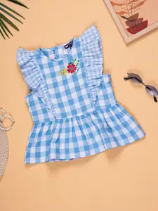 Purple United Kids Checked Flutter Sleeve Ruffles Cotton Top