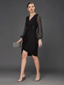 Miss Chase V-Neck Puff Sleeve Georgette Wrap Dress