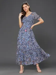 Miss Chase Floral Print Sweetheart Neck Puff Sleeve Georgette Fit & Flare Dress