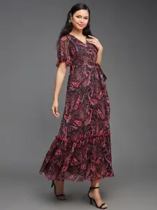 Miss Chase Paisley Print V-Neck Flared Sleeve Tie Ups Chiffon Fit & Flare Midi Dress