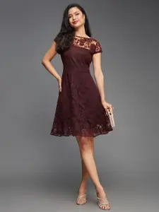 Miss Chase Maroon Floral Fit & Flare Dress