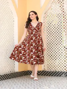 DECKEDUP Floral Printed V-Neck Cotton Fit & Flare Midi Dress