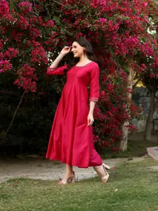 DECKEDUP Round Neck Silk A-Line Maxi Dress