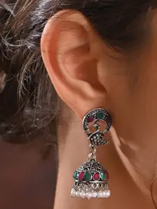 Fida Silver-Plated Peacock Shaped Jhumkas Earrings