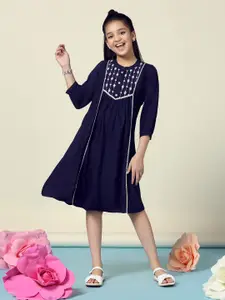 BAESD Girls Floral Embroidered Mandarin Collar A-Line Dress