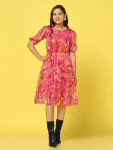 BAESD Girls Floral Printed Puff Sleeve Georgette A-Line Dress