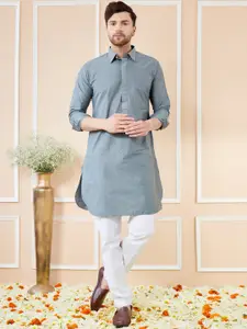 See Designs Shirt Collar Long Sleeves Pure Cotton Pathani Kurta With Pyjamas
