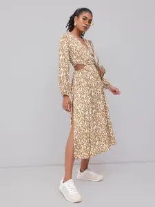 DressBerry Printed With Cut Out Waist Side Slit A-Line Dress