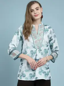 all about you White Floral Printed Mandarin Collar Cotton Top