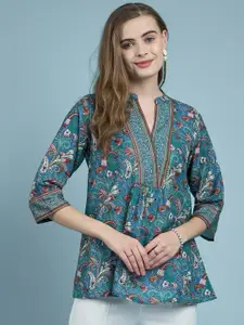 all about you Teal Blue Floral Printed Mandarin Collar Cotton Top