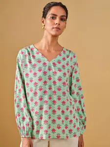 Global Desi Floral Printed Puff Sleeves Top