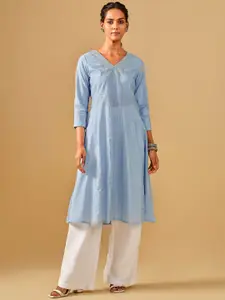 Global Desi Checked V-Neck Beads & Stones A-Line Kurta