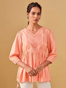 Global Desi Embroidered Puff Sleeves Gathered Top