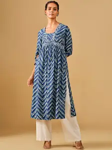 Global Desi Chevron Printed Square Neck Pleated A-Line Kurta