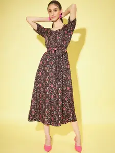 Slenor Floral Print Crepe A-Line Midi Dress