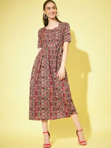 Slenor Floral Printed Fit & Flare Midi Dress