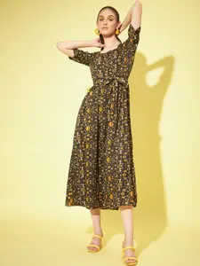 Slenor Floral Printed Fit & Flare Midi Dress
