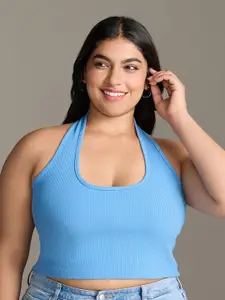20Dresses Plus Size Blue Halter Neck Sleeveless Fitted Crop Top