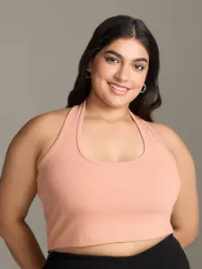20Dresses Plus Size Peach-Coloured Halter Neck Sleeveless Fitted Crop Top