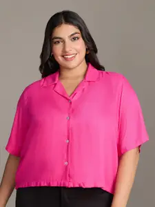 20Dresses Plus Size Fuchsia Cuban Collar Short Sleeves Crop  Casual Shirt