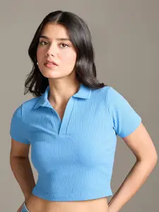 20Dresses Blue Polo Collar Fitted Crop Top