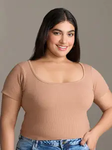 20Dresses Plus Size Beige Square Neck Fitted Crop Top