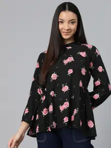 One Femme Floral Print Mandarin Collar Puff Sleeves Peplum Longline Top