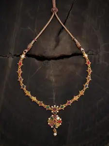 Kushal's Fashion Jewellery Embellished Bridal Silver Gold-Plated Studded Temple Necklace