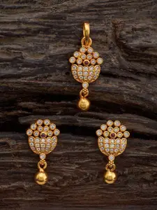 Kushal's Fashion Jewellery 92.5 Pure Silver Gold Plated Stones Studded Temple Pendant Set