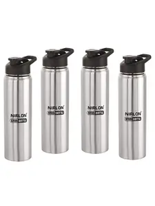NIRLON Silver-Toned & Black 4Pcs Stainless Steel Single Wall Water Bottles 1l Each