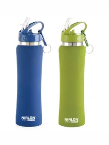 NIRLON Flip Bot Blue & Green 2 Pieces Stainless Steel Water Bottles 750ml Each