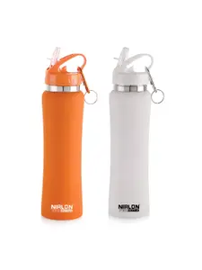 NIRLON Orange & White 2 Pieces Flip Bot Stainless Steel Rubber Finish Water Bottle 750 ml