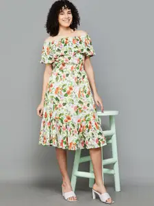 Colour Me by Melange Floral Printed Off-Shoulder Cotton Fit & Flare Midi Dress