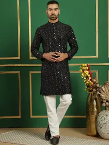 Anouk Embroidered Mandarin Collar Long Sleeves Mirror Work Kurta with Pyjamas